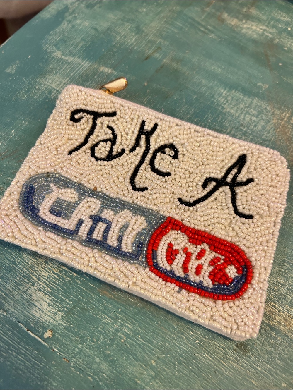 Beaded 'Take A chill pill ‘coin purse White, Red, Blue